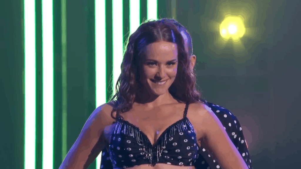 Whitney Leavitt smiling on Dancing With The Stars.