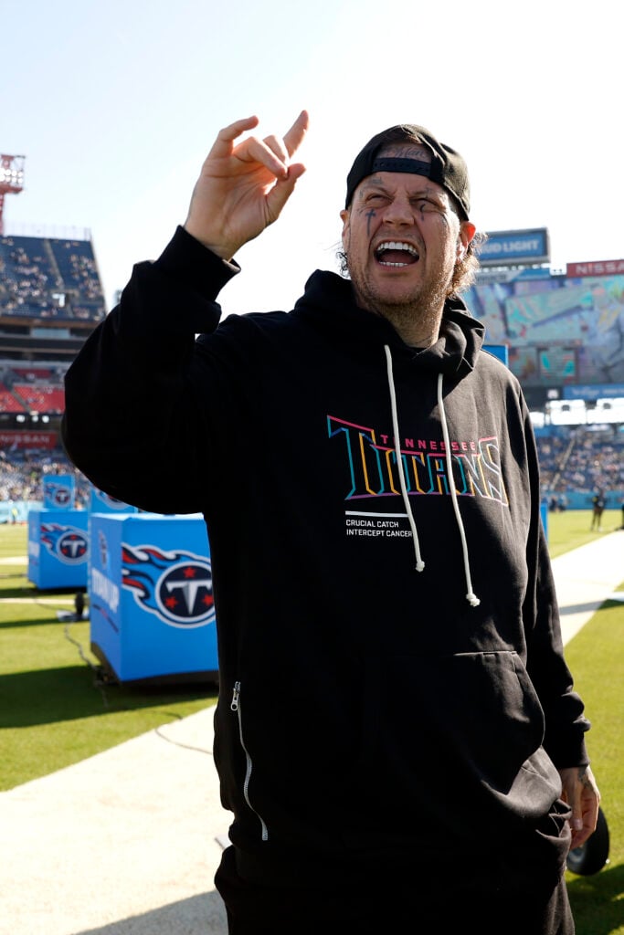Artist Jelly Roll looks on from the field prior to the game between the Seattle Seahawks and the Tennessee Titans at Nissan Stadium on November 23, 2025 in Nashville, Tennessee. 