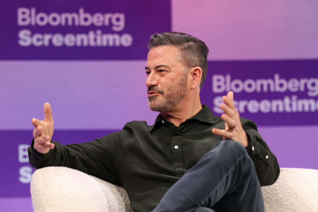 Comedian and TV producer Jimmy Kimmel speaks during the Bloomberg Screentime conference in Los Angeles on October 8, 2025.