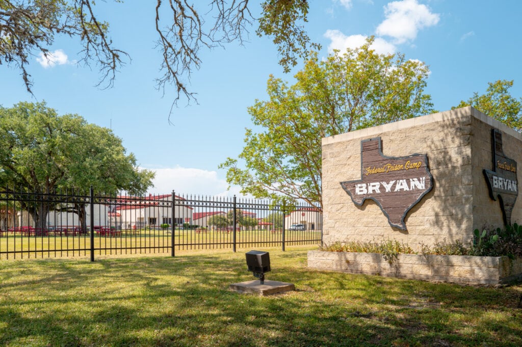 FPC Bryan in Bryan, Texas on August 1, 2025. This is the prison housing Jen Shah, Elizabeth Holmes, and Ghislaine Maxwell.