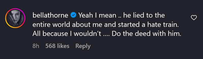 A dark mode screenshot of Bella Thorne commenting on Charlie Puth on Instagram.