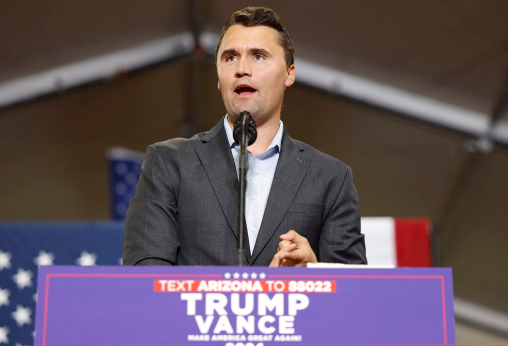 Charlie Kirk, who founded Turning Point USA, speaks before Republican vice presidential nominee U.S. Sen. JD Vance gives remarks at a campaign rally at Arizona Christian University on July 31, 2024 in Glendale, Arizona. 