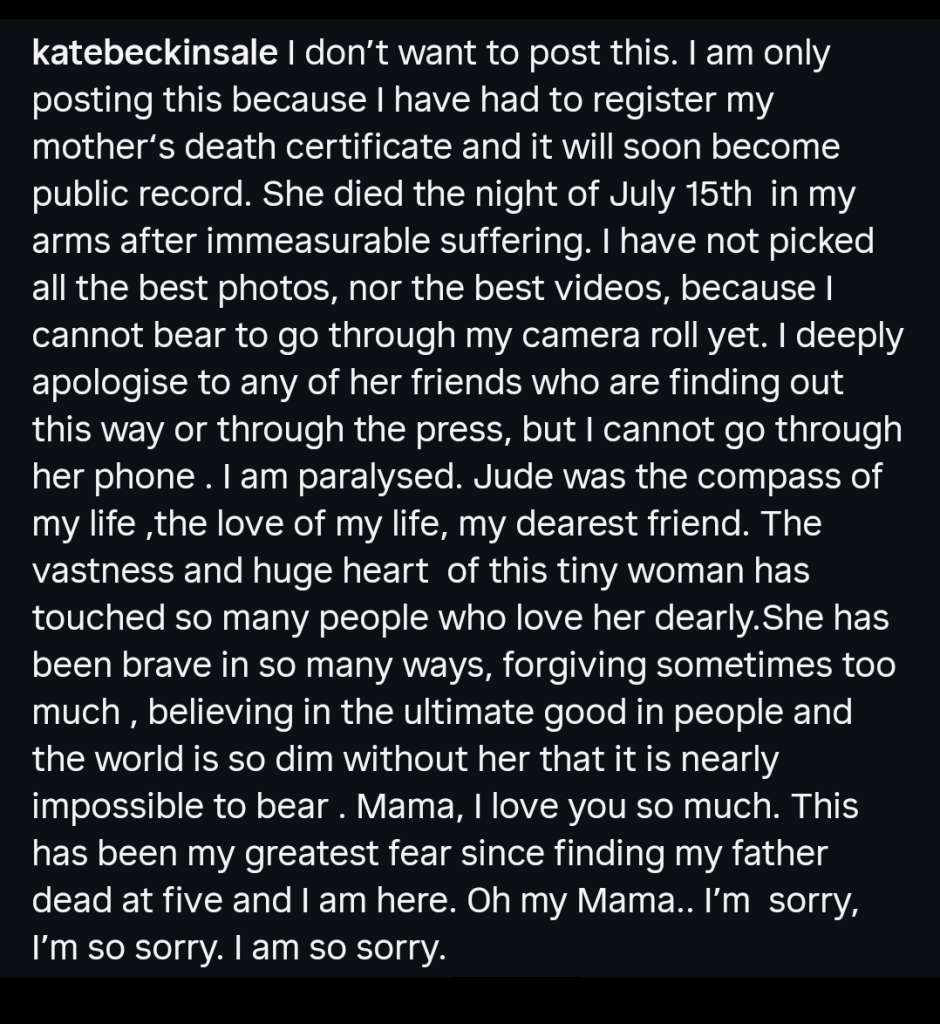 A dark mode screenshot of Kate Beckinsale's tribute to her late mom.