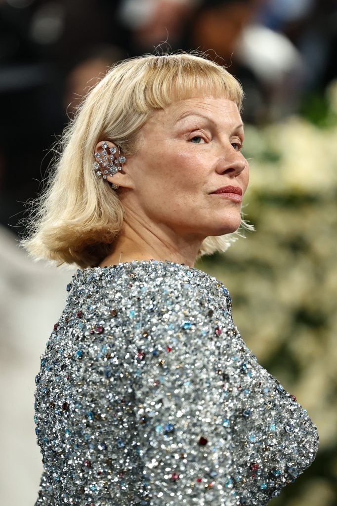 On May 5, 2025, Pamela Anderson attends the Met Gala.