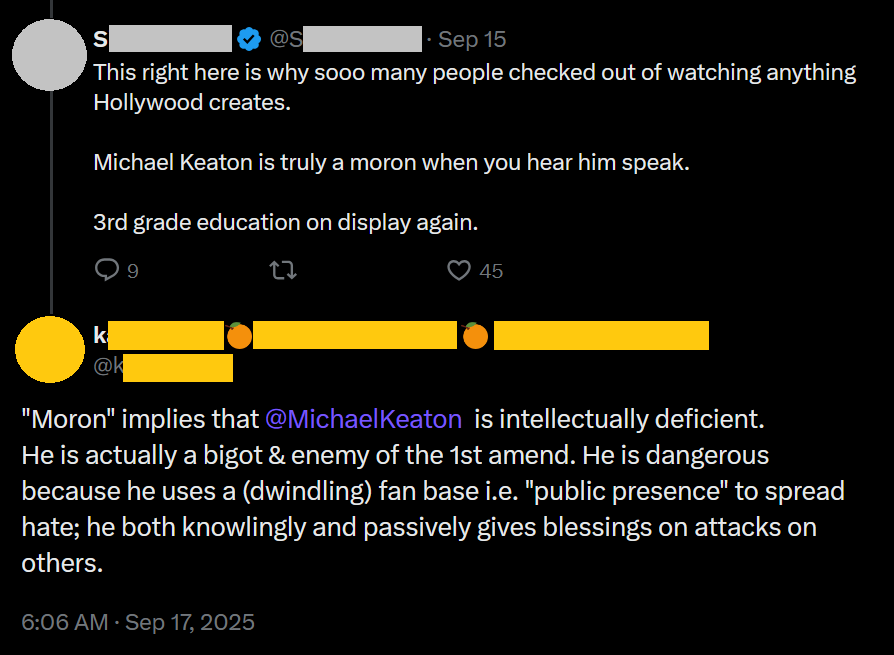 A dark mode screenshot of two tweets with the usernames and handles redacted.