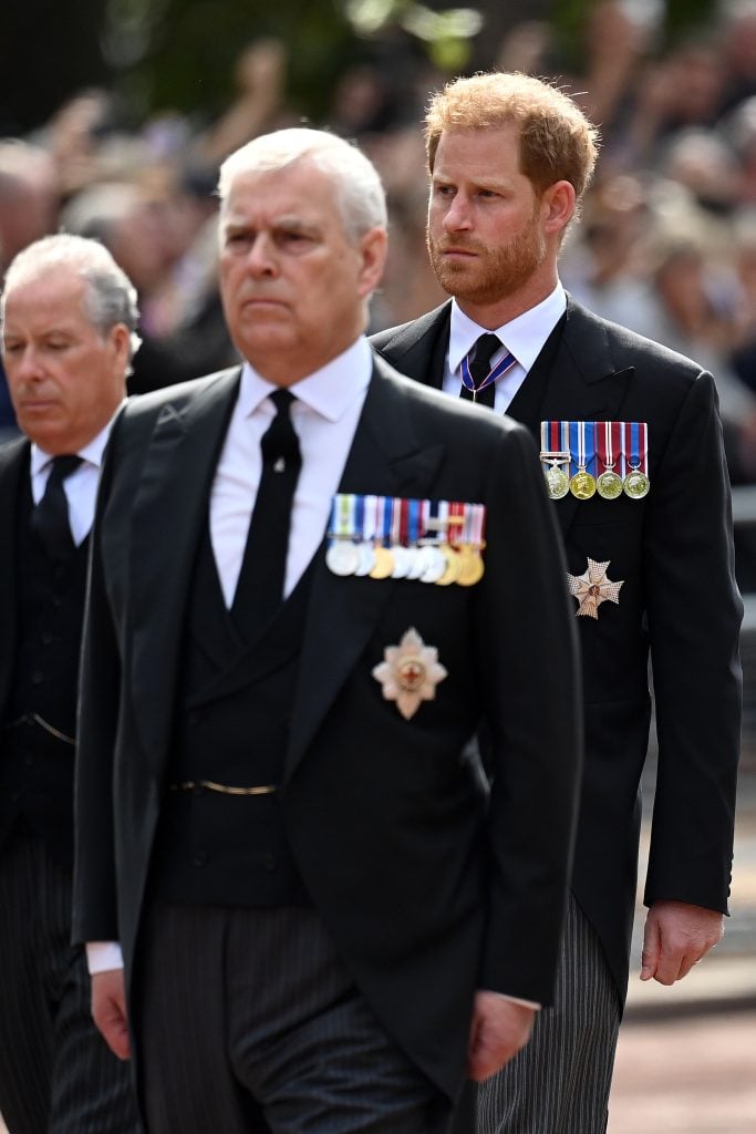 Prince Andrew, Duke of York and Prince Harry, Duke of Sussex walk behind the coffin during the procession for the Lying-in State of Queen Elizabeth II on September 14, 2022 in London, England. 