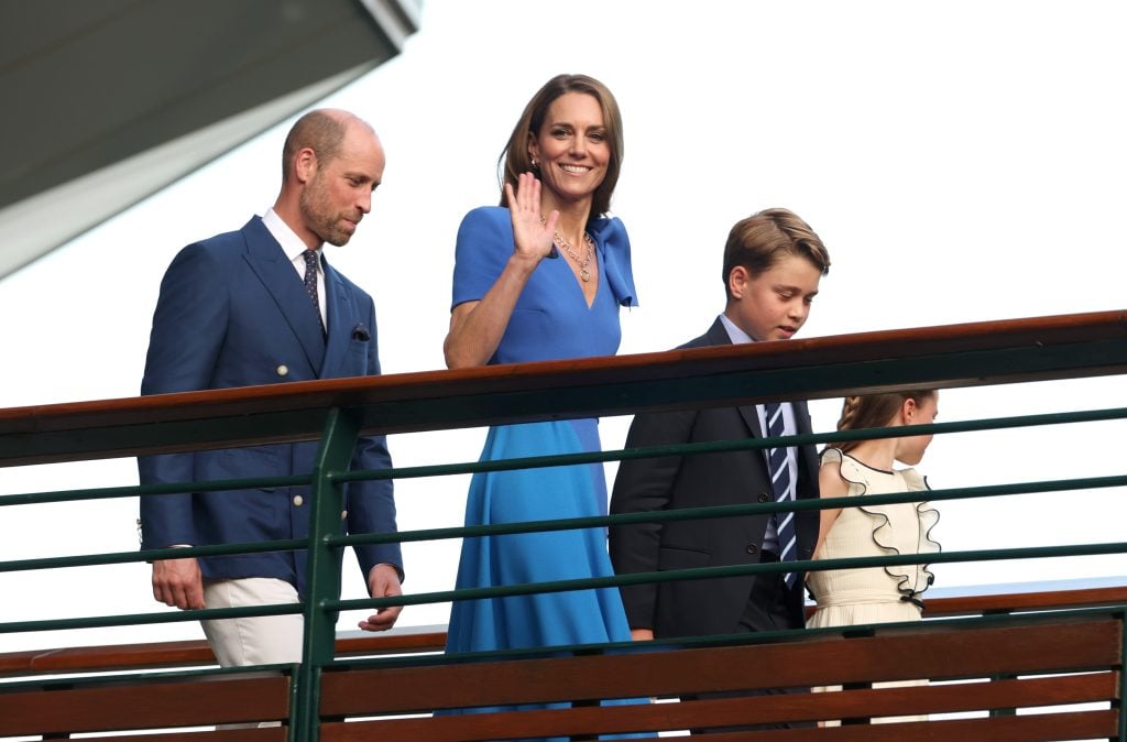 Catherine, Princess of Wales, Patron of The AELTC, Prince George of Wales and Princess Charlotte of Wales cross the player's walkway bridge on day fourteen of The Championships Wimbledon 2025 at All England Lawn Tennis and Croquet Club on July 13, 2025 in London, England.