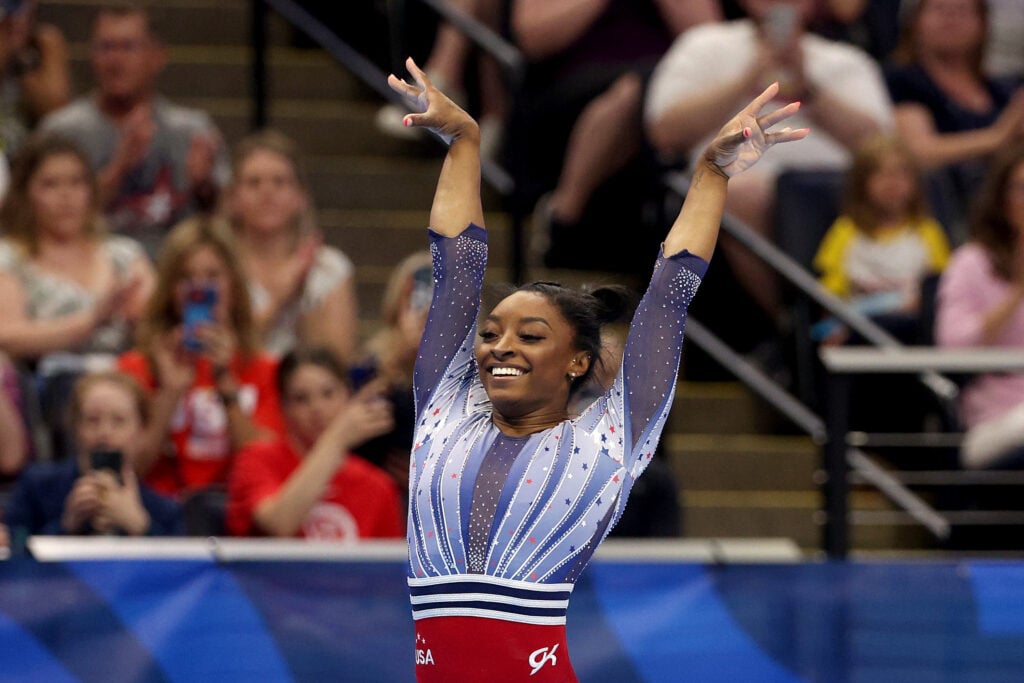 Simone Biles competes in the floor exercise on Day Two of the 2024 U.S. Olympic Team Gymnastics Trials at Target Center on June 28, 2024 in Minneapolis, Minnesota. 