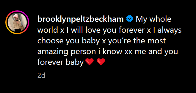 A dark mode screenshot of Brooklyn Beckham's affectionate Instagram caption.