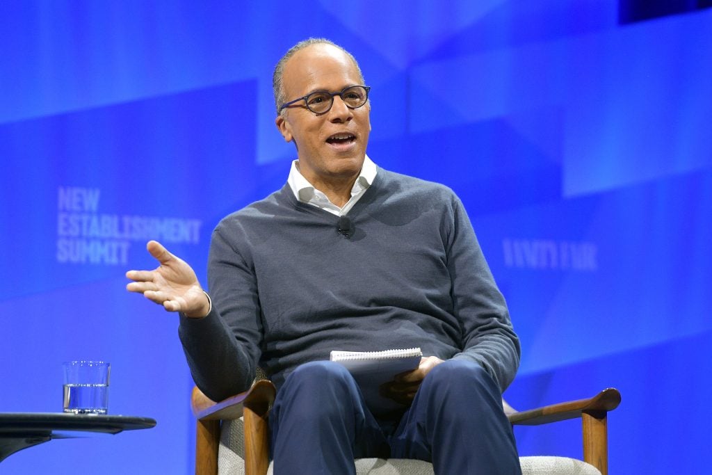 NBC Nightly News anchor Lester Holt speaks onstage during 'V.F. Sneak Peek: Queen & Slim' at Vanity Fair's 6th Annual New Establishment Summit at Wallis Annenberg Center for the Performing Arts on October 22, 2019 in Beverly Hills, California.