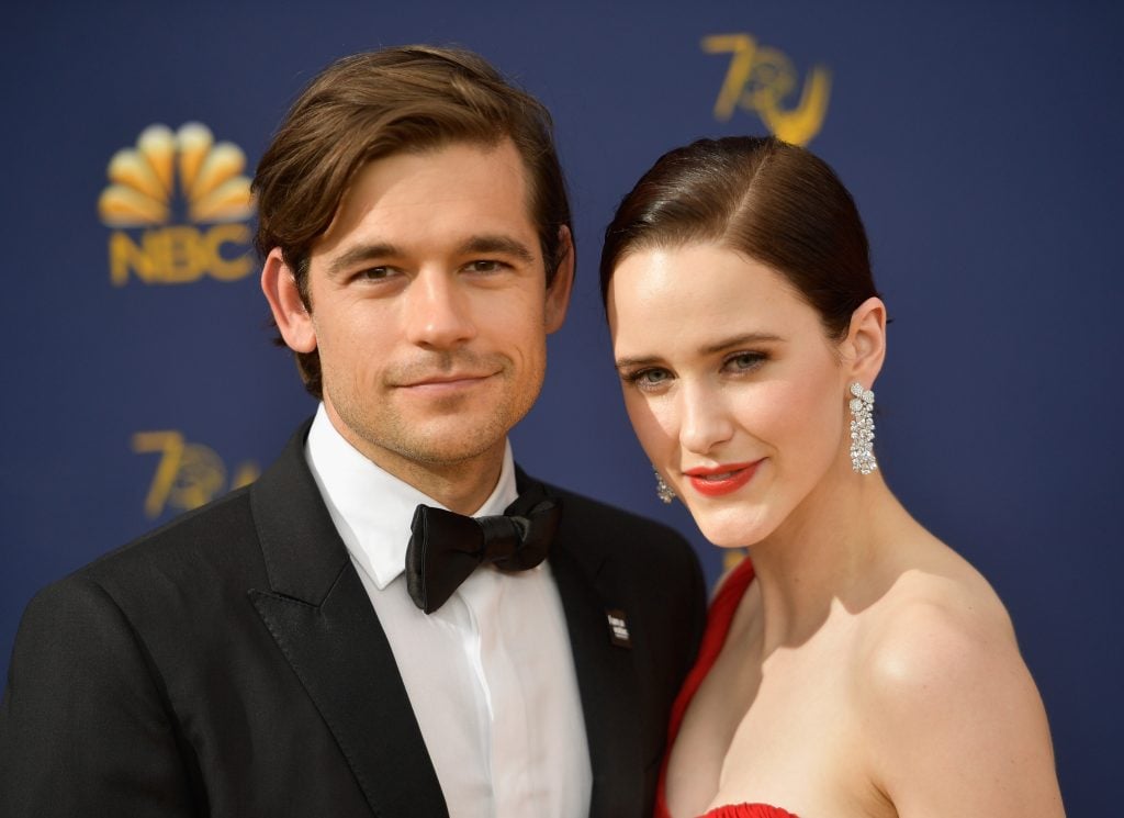 Jason Ralph (L) and Rachel Brosnahan attend the 70th Emmy Awards at Microsoft Theater on September 17, 2018 in Los Angeles, California.  