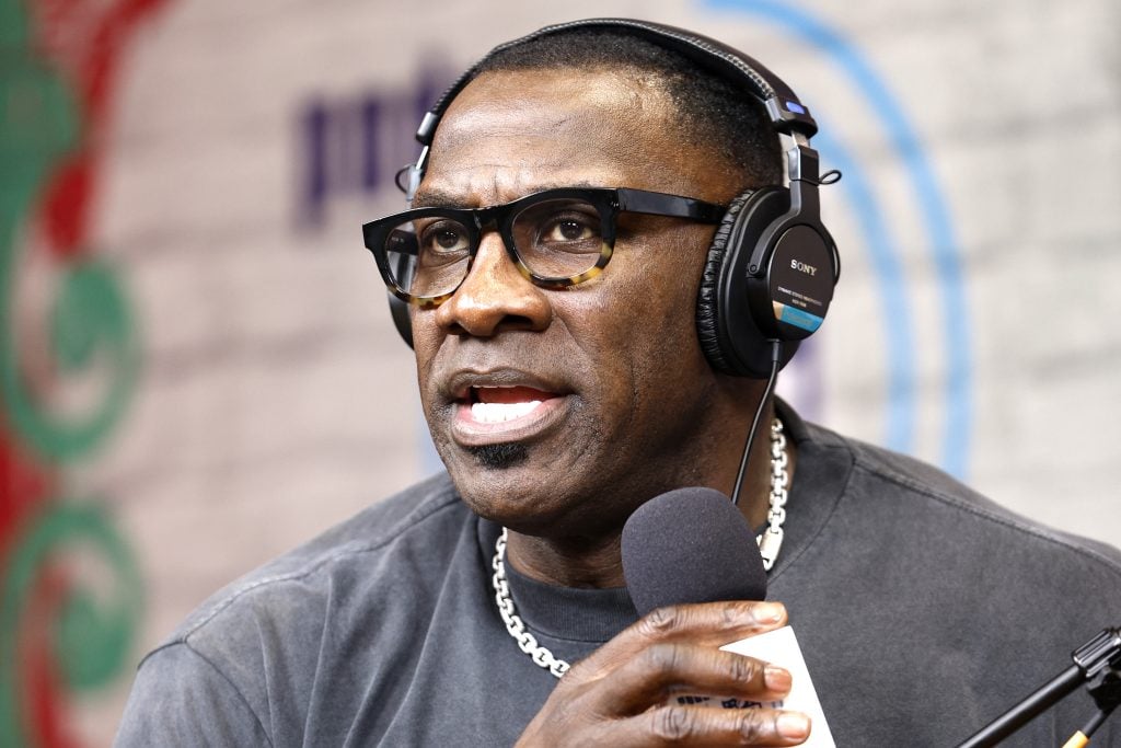 Former NFL player Shannon Sharpe is seen on the set of The NFL Network along Radio Row on February 05, 2025 in New Orleans, Louisiana.