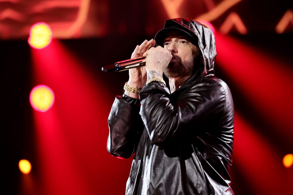 Eminem performs onstage during the 37th Annual Rock & Roll Hall of Fame Induction Ceremony at Microsoft Theater on November 05, 2022 in Los Angeles, California. 