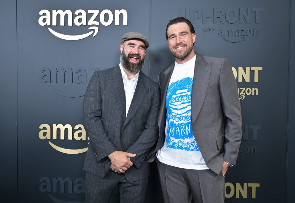 Jason Kelce and Travis Kelce attend Amazon's Upfront 2025 Presentation at Beacon Theatre on May 12, 2025 in New York City. 