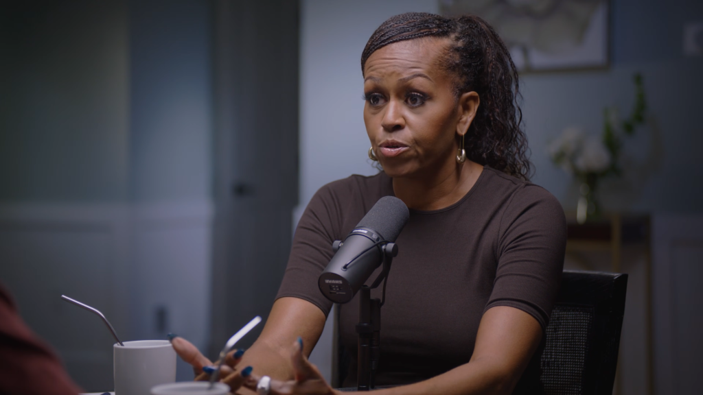 Michelle Obama speaks on her podcast in May 2025.