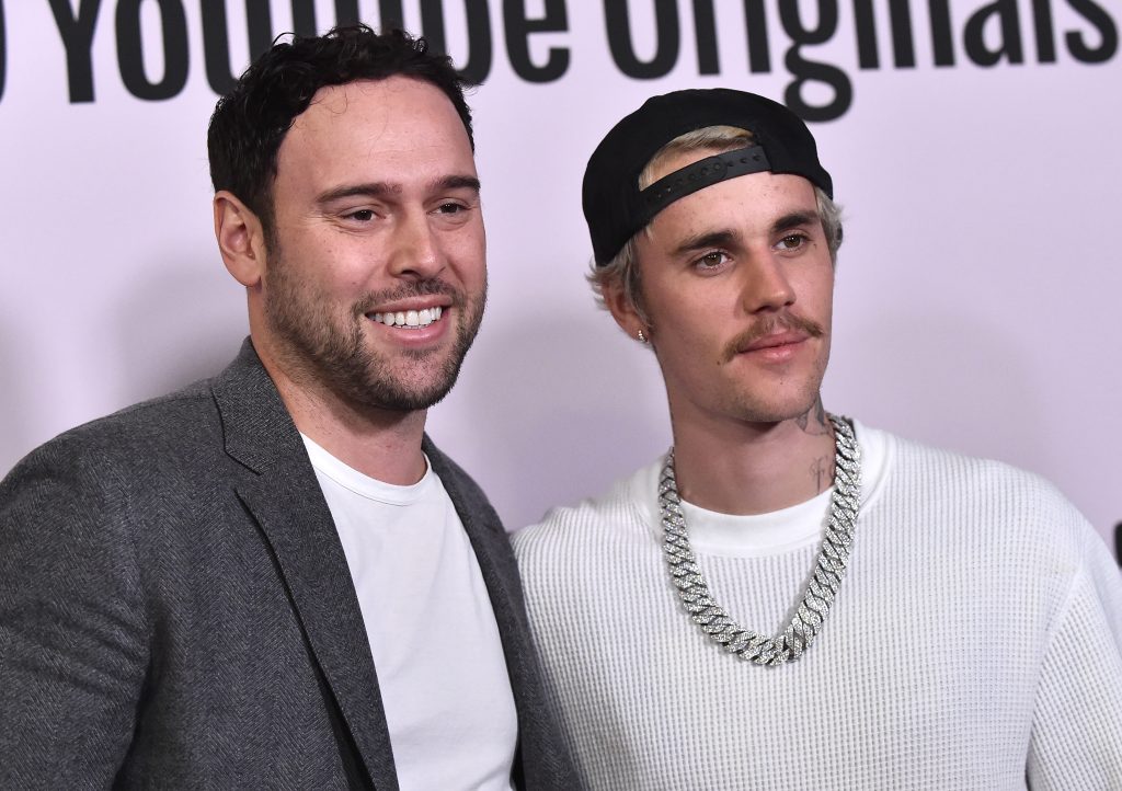 US businessman Scooter Braun and Canadian singer Justin Bieber arrive for YouTube Originals' Justin Bieber: Seasons premiere at the Regency Bruin Theatre in Los Angeles on January 27, 2020. 