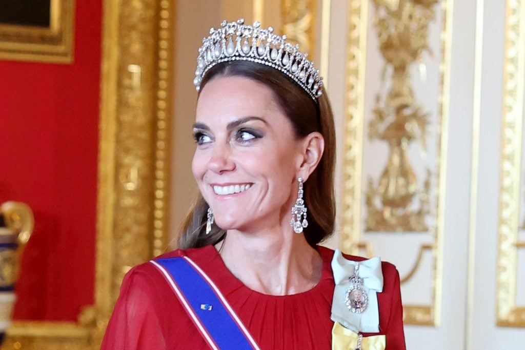 Catherine, Princess of Wales attends the State Banquet at Windsor Castle on July 08, 2025 in Windsor, England.