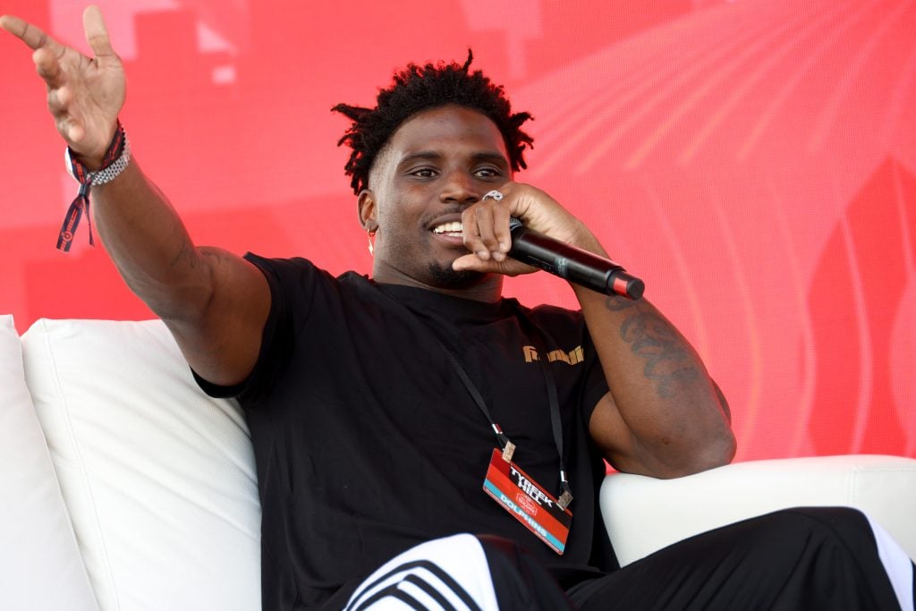 Tyreek Hill speaks onstage during The Players Tailgate presented by Bullseye Event Group for Super 59 in New Orleans on February 09, 2025 in New Orleans, Louisiana.