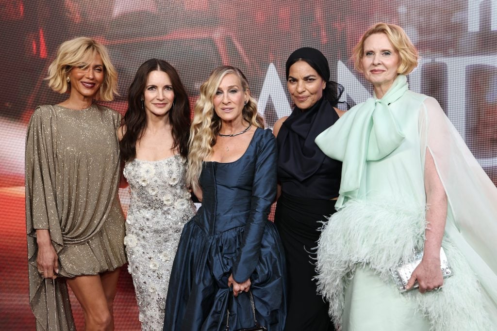 Nicole Ari Parker, Kristin Davis, Sarah Jessica Parker, Sarita Choudhury and Cynthia Nixon attend Max Original's And Just Like That Season 3 Photo Call at Crane Club on May 21, 2025 in New York City.