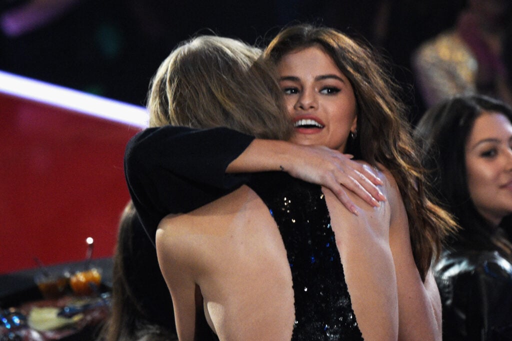 Selena Gomez hugs Taylor Swift in April 2016.