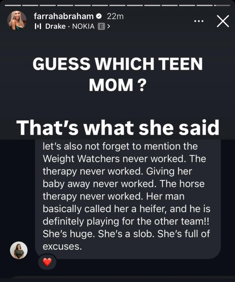 A screenshot in which Farrah Abraham uses her Instagram Story to shade an unnamed but obvious Teen Mom star.