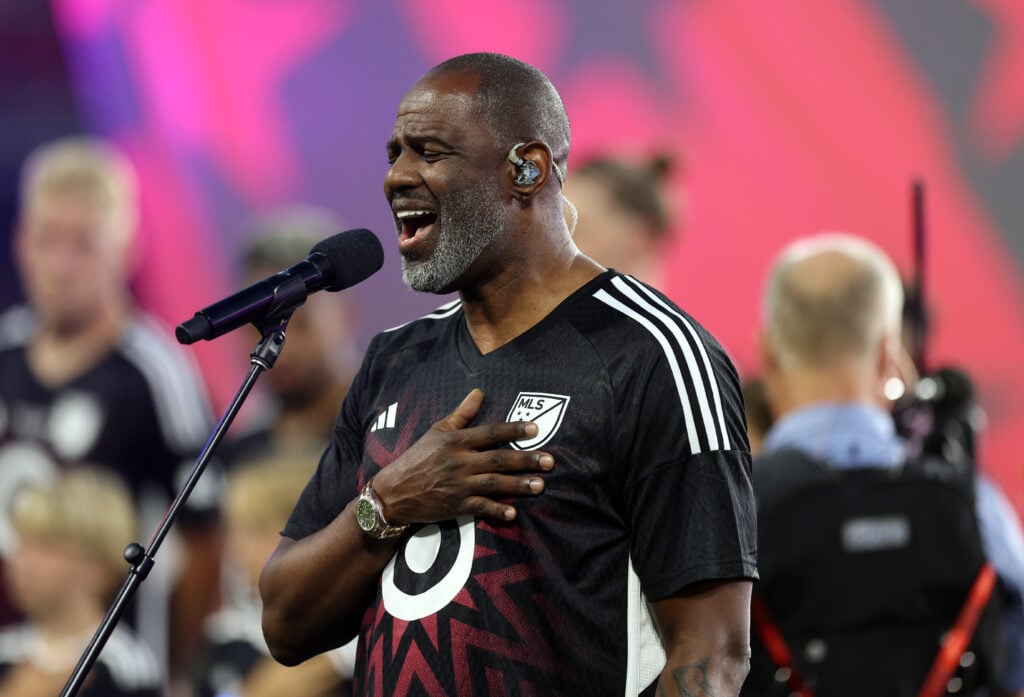 Brian McKnight sings the United States National Anthem prior to the MLS All-Star Game between Arsenal FC and MLS All-Stars at Audi Field on July 19, 2023 in Washington, DC.