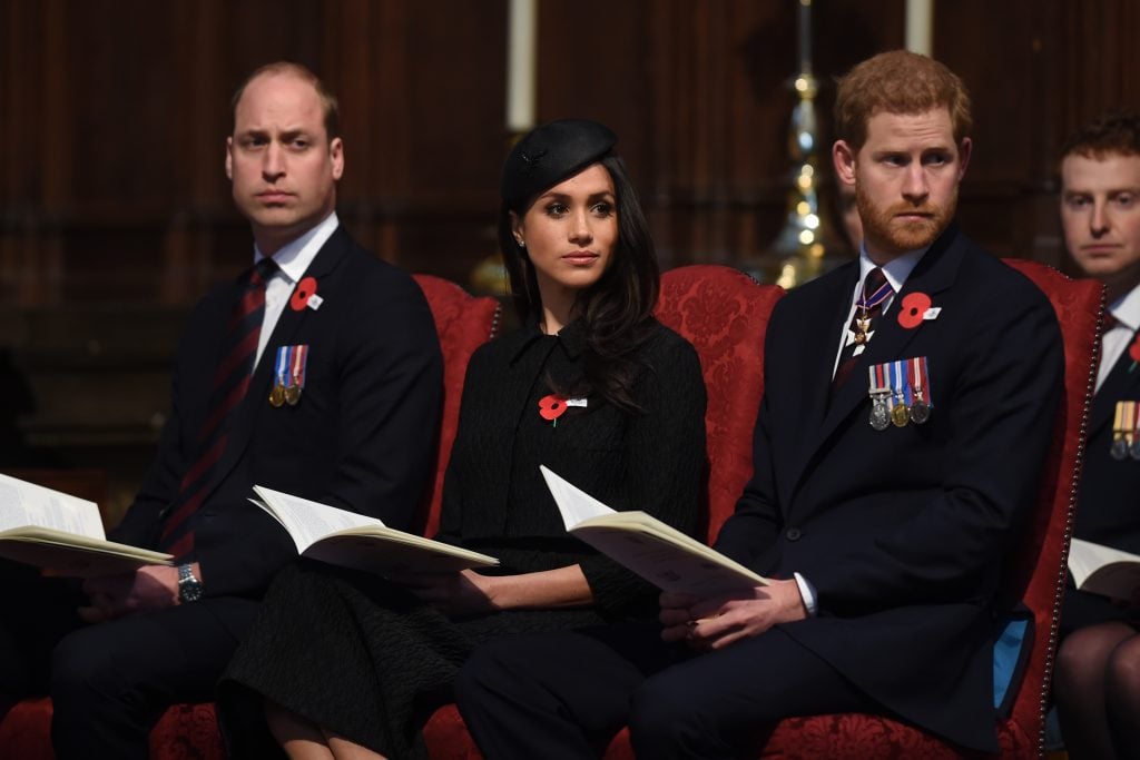 Prince William, Duke of Cambridge, Meghan Markle and Prince Harry attend an Anzac Day service at Westminster Abbey on April 25, 2018 in London, England.