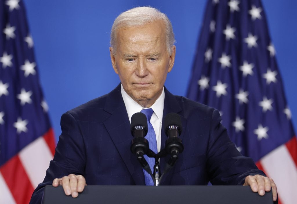 U.S. President Joe Biden holds news conference at the 2024 NATO Summit on July 11, 2024 in Washington, DC. NATO leaders convene in Washington this week for the annual summit to discuss future strategies and commitments and mark the 75th anniversary of the allianceâs founding.