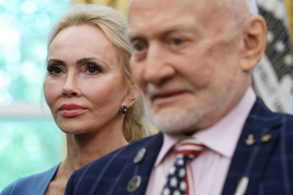 Apollo 11 astronaut Buzz Aldrin and his companion Anca Faur join U.S. President Donald Trump as they commemorate the 50th anniversary of the moon landing in the Oval Office at the White House July 19, 2019 in Washington, DC. 