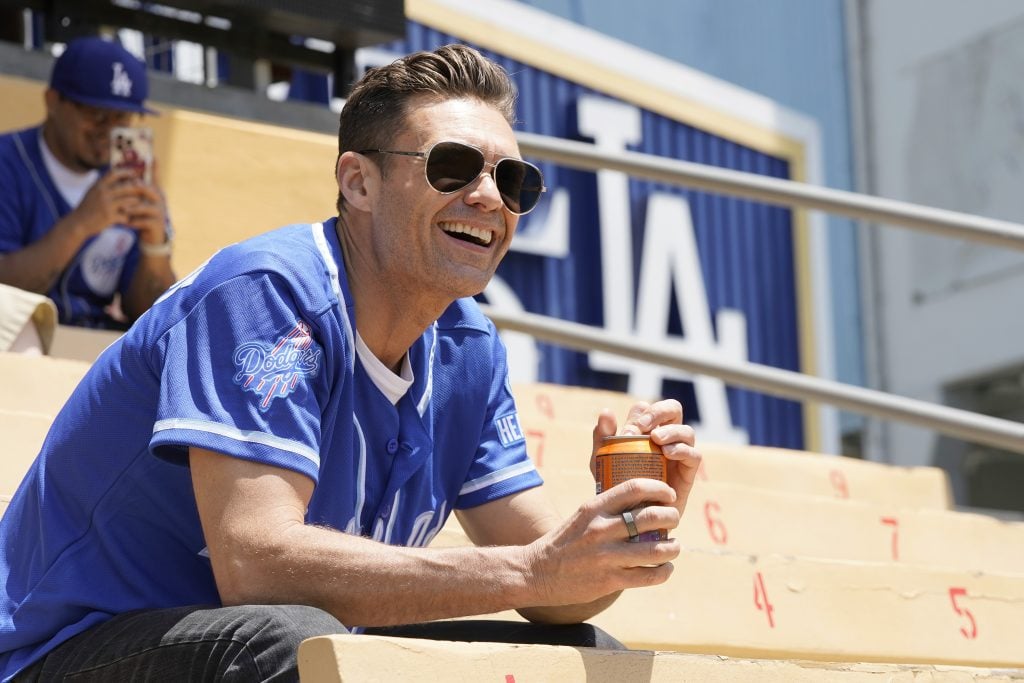 In this image released on June 26,  Ryan Seacrest partners with Health-Ade to bring kombucha to LA Dodger Fans at Dodger Stadium on May 17, 2023 in Los Angeles, California.