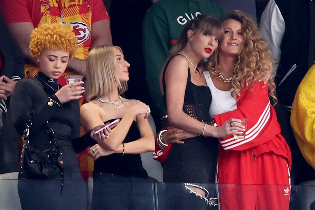 Rapper Ice Spice, singer Taylor Swift and actress Blake Lively prior to Super Bowl LVIII between the San Francisco 49ers and Kansas City Chiefs at Allegiant Stadium on February 11, 2024 in Las Vegas, Nevada.