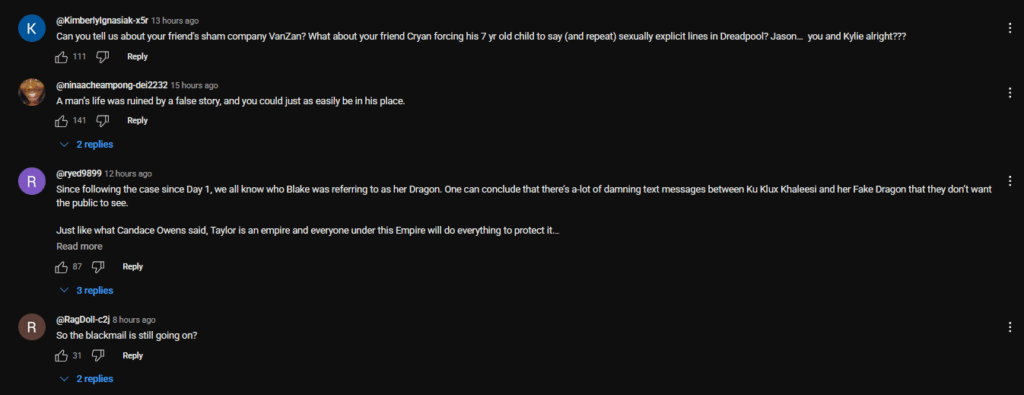 A dark mode YouTube screenshot of comments critical of Blake Lively.
