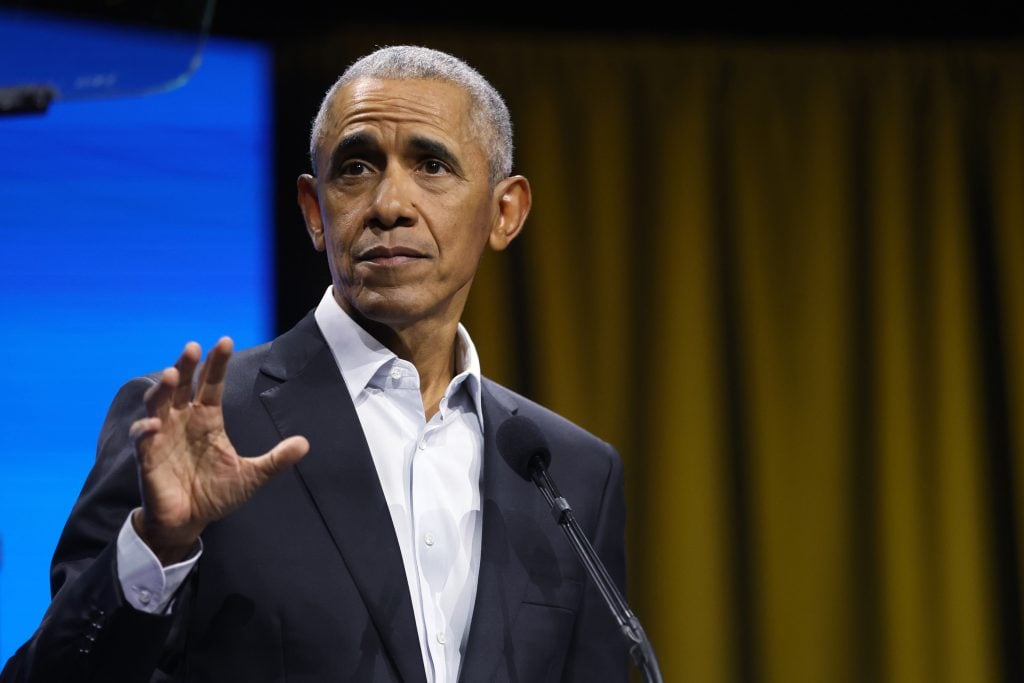 Former U.S. President Barack Obama speaks at a Democracy Forum event held by the Obama Foundation at the Javits Center on November 17, 2022 in New York City. 