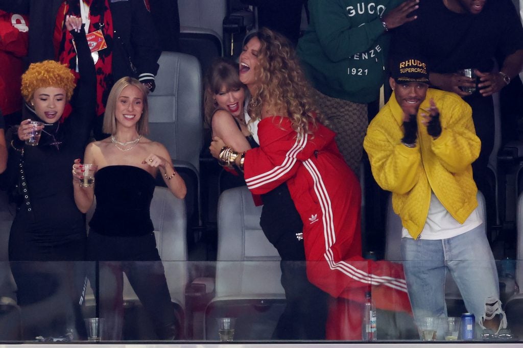 Rapper Ice Spice, Donna Kelce, singer Taylor Swift and actress Blake Lively react in the second quarter of Super Bowl LVIII between the San Francisco 49ers and Kansas City Chiefs at Allegiant Stadium on February 11, 2024 in Las Vegas, Nevada.
