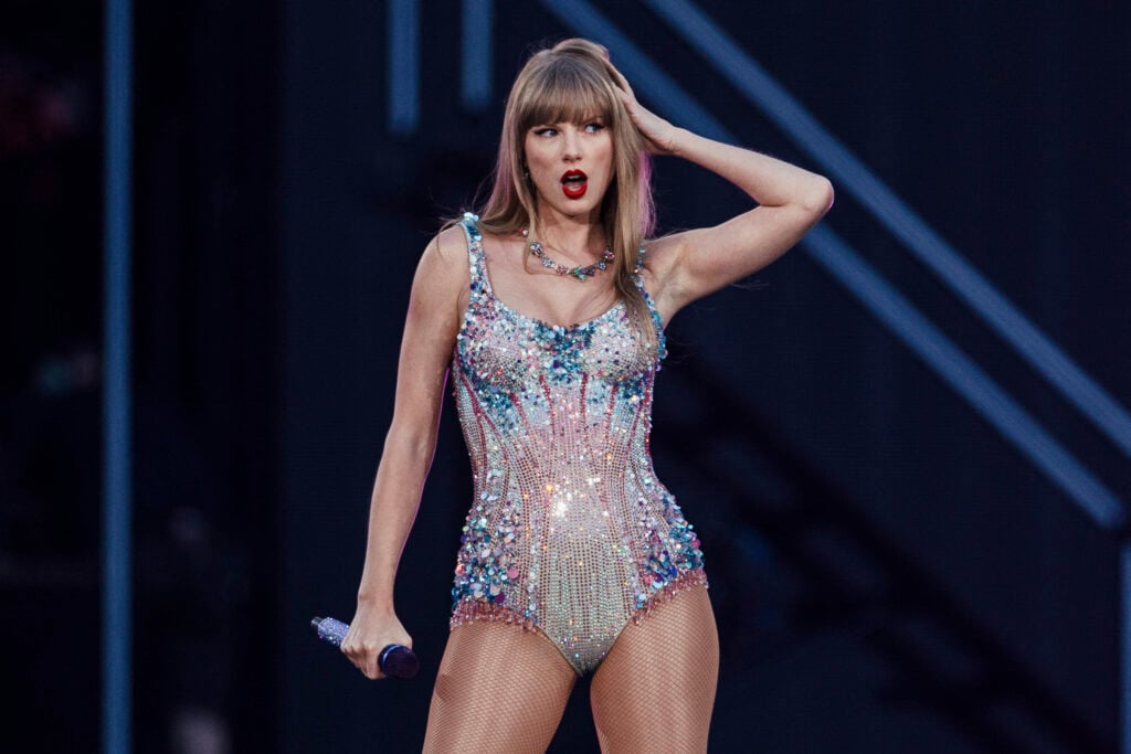 American singer and songwriter Taylor Swift performs on stage as part of her Eras Tour in Lisbon on May 24, 2024.