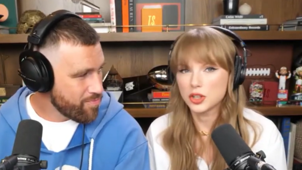 Travis Kelce and Taylor Swift on 'New Heights' in August 2025.