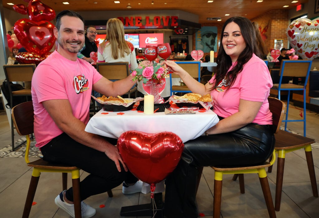 Love is Blind's Brennon Lemieux and Alexa Lemieux celebrate Valentine's Day at Raising Caneâs Dallas on February 9, 2024 in Dallas, Texas.