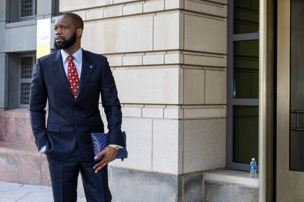 Pras Michel, a member of the 1990's hip-hop group the Fugees, arrives at U.S. District Court on April 3, 2023 in Washington, DC. 