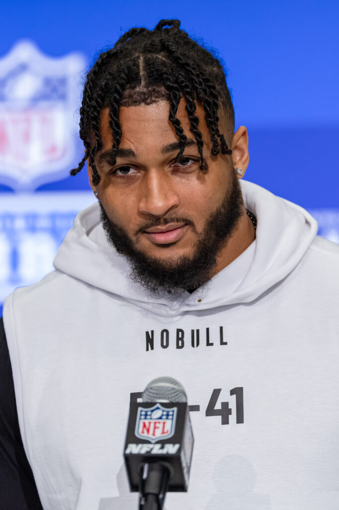 Marshawn Kneeland #DL41 of the Western Michigan Broncos speaks to the media during the 2024 NFL Draft Combine at Lucas Oil Stadium on February 28, 2024 in Indianapolis, Indiana. 