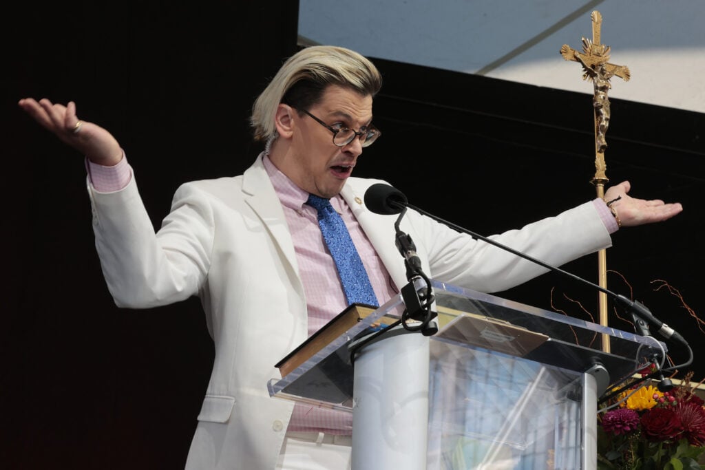 British far-right political pundit Milo Yiannopoulos hosts the âBishops Enough Is Enoughâ rally at the MECU Pavilion November 16, 2021 in Baltimore, Maryland.  