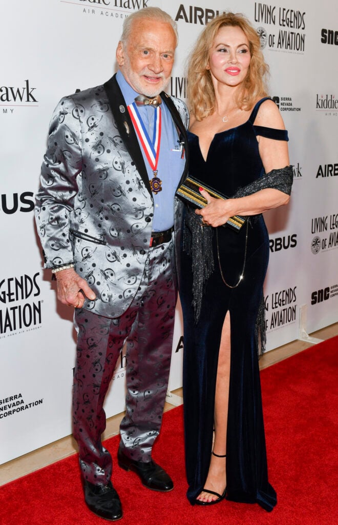 Former astronaut Buzz Aldrin and Anca Faur attend the 16th Annual Living Legends of Aviation Awards at The Beverly Hilton Hotel on January 18, 2019 in Beverly Hills, California. 