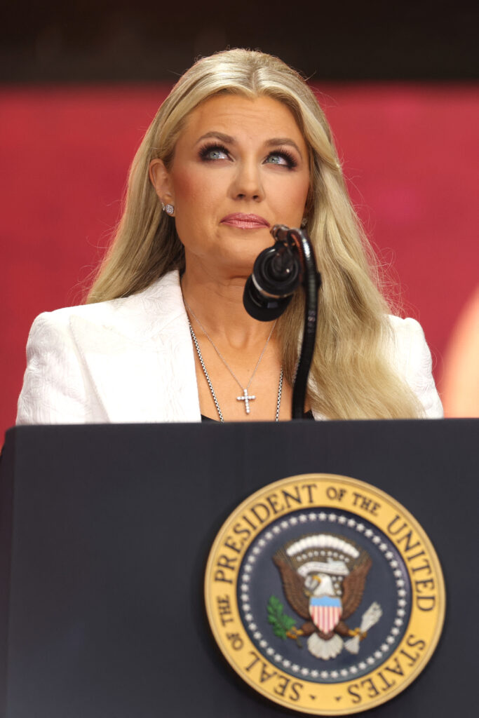 Erika Kirk, Charlie Kirk's widow, speaks during the public memorial service for right-wing activist Charlie Kirk at State Farm Stadium in Glendale, Arizona, on September 21, 2025. 