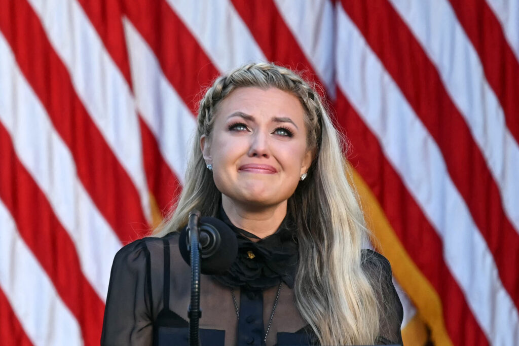 Erika Kirk, Charlie Kirk's widow, participates in a Medal of Freedom Ceremony for late US right-wing activist Charlie Kirk in the Rose Garden of the White House in Washington, DC, on October 14, 2025.  