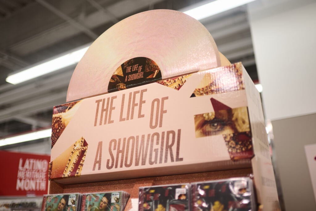 A display with exclusive edition merchandise for Taylor Swift's new album, Life of a Showgirl is seen at Target on October 02, 2025 in New York City.