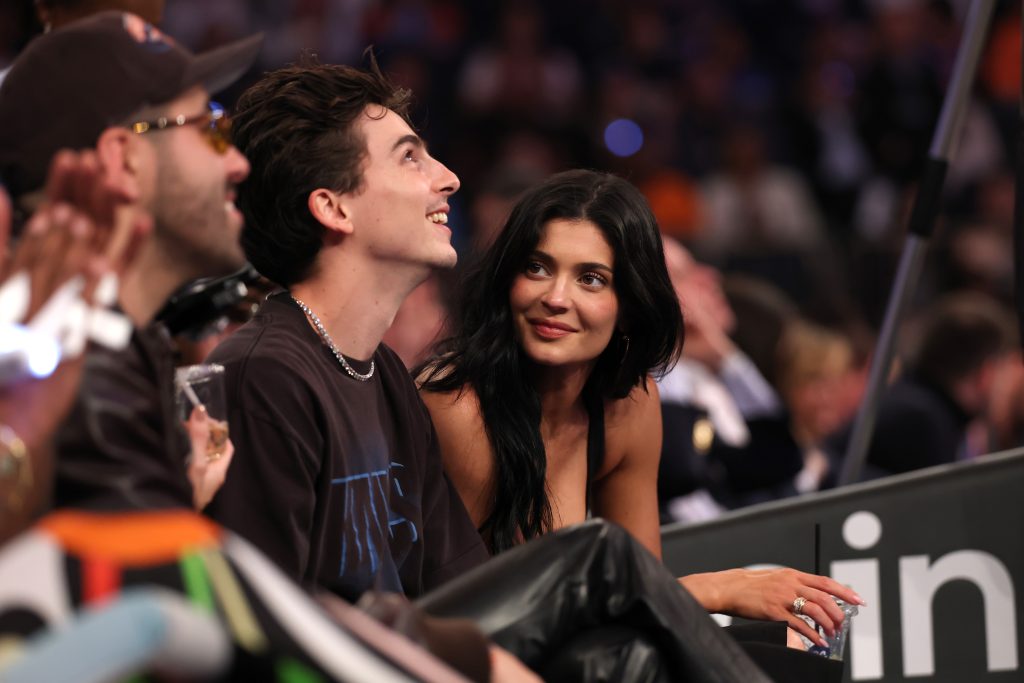 Actor Timothee Chalamet and Kylie Jenner sit court-side during the first quarter in Game Four of the Eastern Conference Second Round NBA Playoffs between the Boston Celtics and the New York Knicks at Madison Square Garden on May 12, 2025 in New York City.