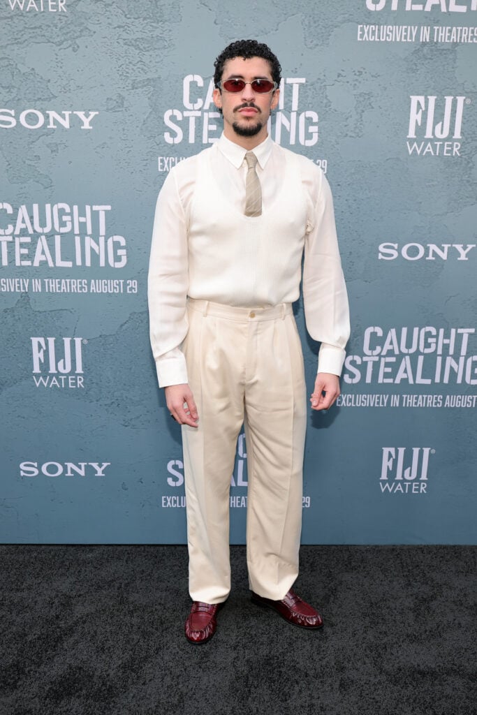 Bad Bunny attends Columbia Pictures' Caught Stealing premiere at Regal Union Square on August 26, 2025 in New York City. 