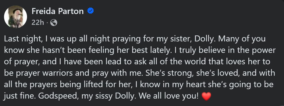 A Facebook screenshot of Freida Parton asking for prayers.