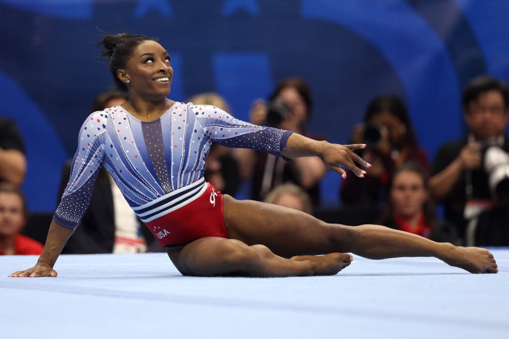 Simone Biles competes in the floor exercise on Day Two of the 2024 U.S. Olympic Team Gymnastics Trials at Target Center on June 28, 2024 in Minneapolis, Minnesota.