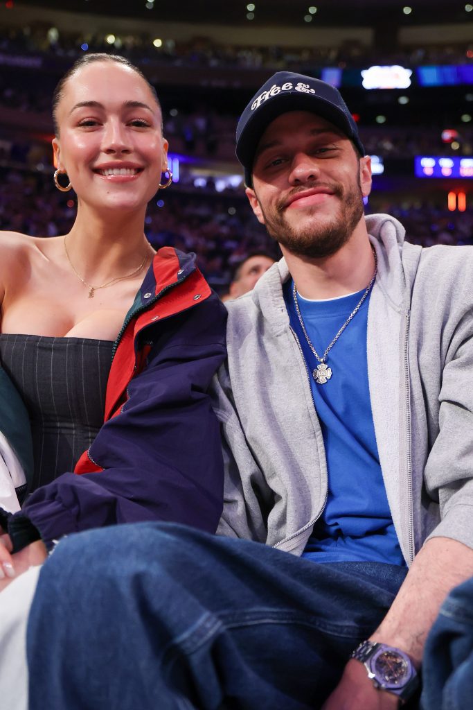 Elsie Hewitt and Pete Davidson are seen as the Boston Celtics take on the New York Knicks in the first quarter of Game Six of the Eastern Conference Second Round NBA Playoffs at Madison Square Garden on May 16, 2025 in New York City. 