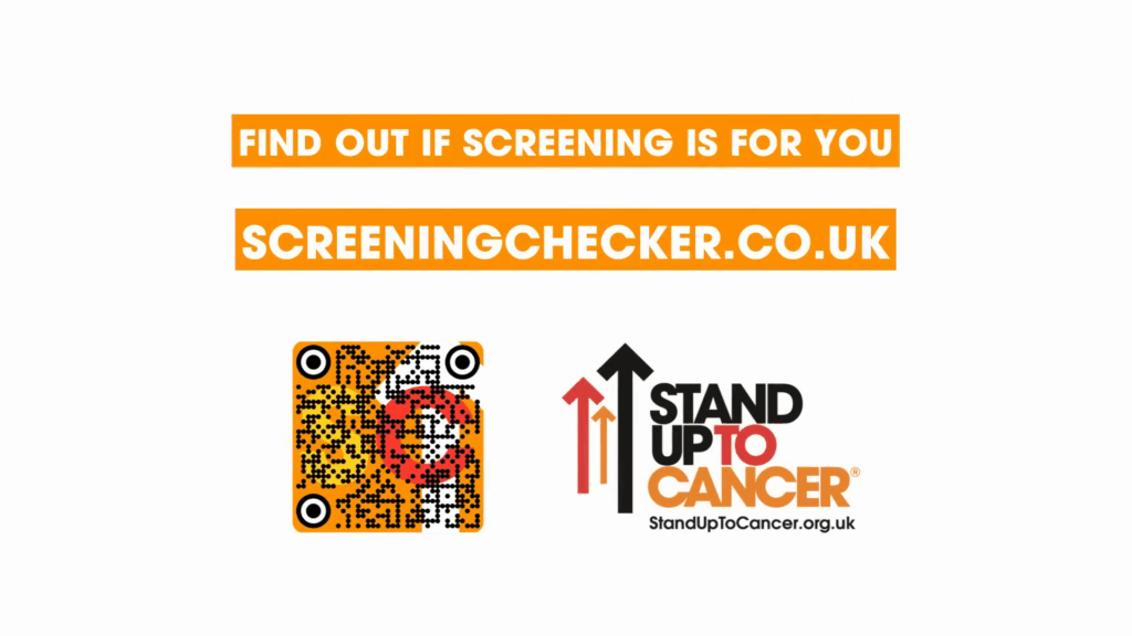 This 'Stand Up To Cancer' graphic encourages people to get screened, and offers a QR code. 